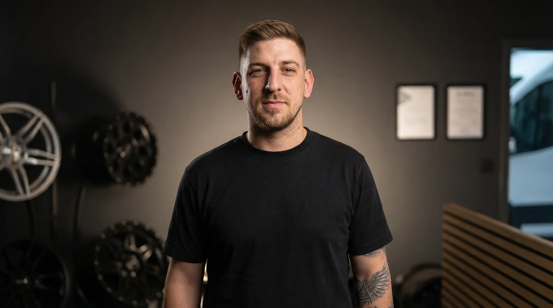 Junger Mann mit kurzen Haaren und schwarzem T-Shirt in einer Werkstatt.