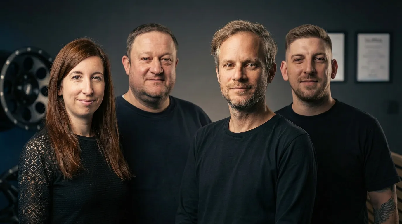 Drei Teammitglieder in schwarzen T-Shirts vor blauem Hintergrund.