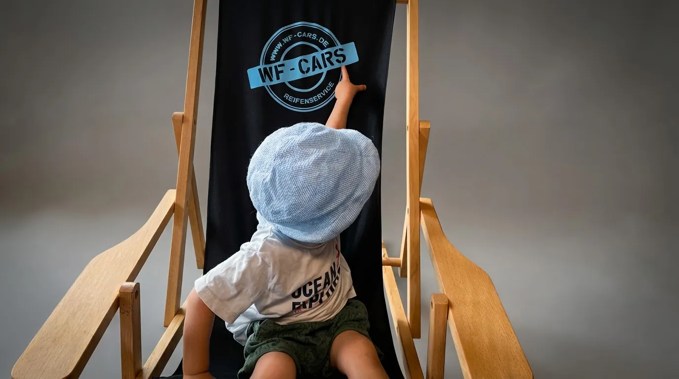 Kleinkind am sonnenstuhl, Firmen Logo WF Cars im hintergrund