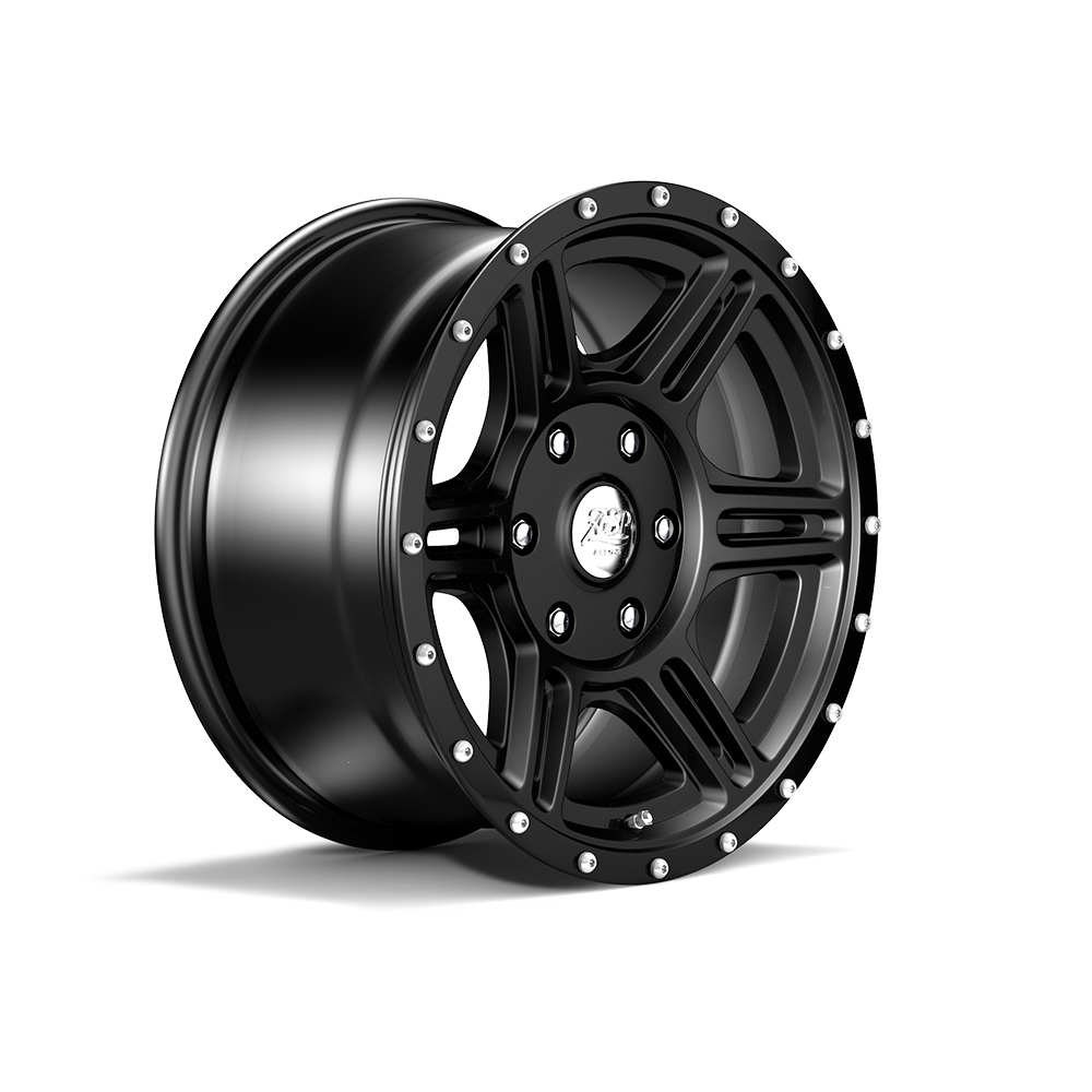 Schwarze ASP Alloys 1465 Alufelge mit markanten Speichen und silbernen Nieten im sportlichen Offroad-Design.